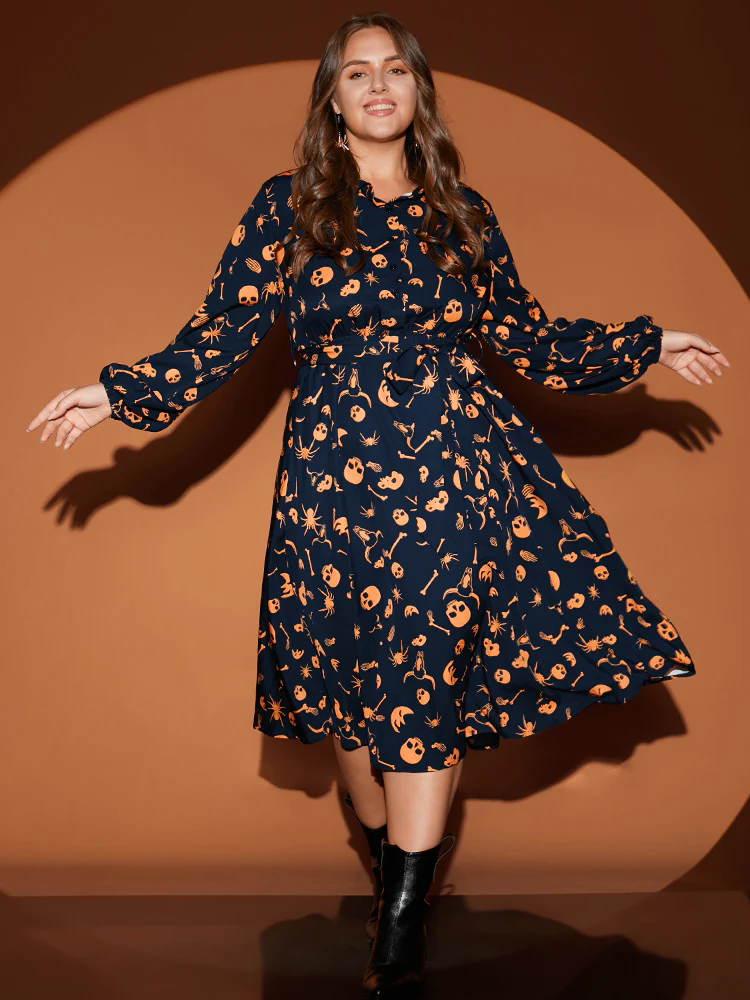 Halloween Print Shirt Collar Pocket Button Up Belted Flutter Dress - Image 10