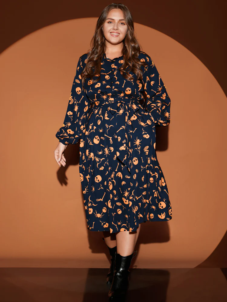 Halloween Print Shirt Collar Pocket Button Up Belted Flutter Dress - Image 11