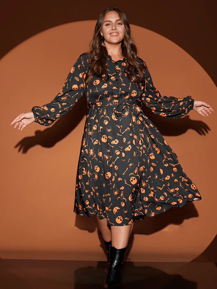 Halloween Print Shirt Collar Pocket Button Up Belted Flutter Dress - Image 3