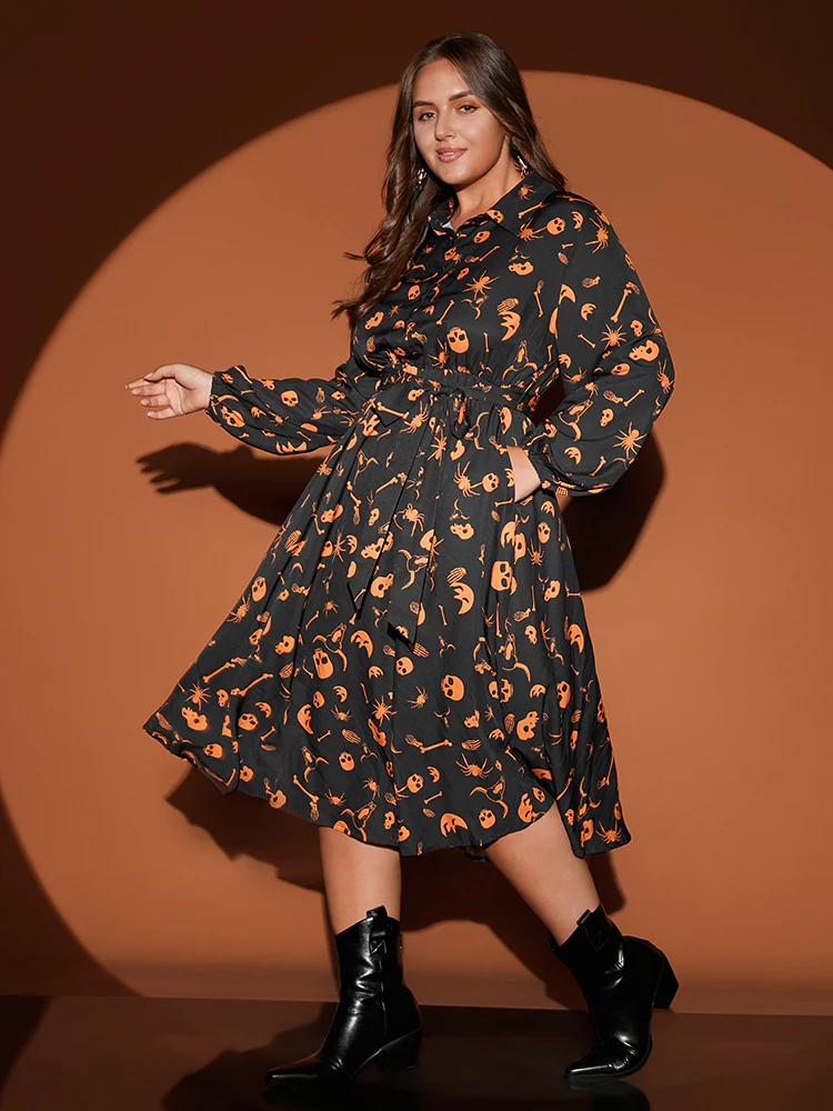 Halloween Print Shirt Collar Pocket Button Up Belted Flutter Dress - Image 4