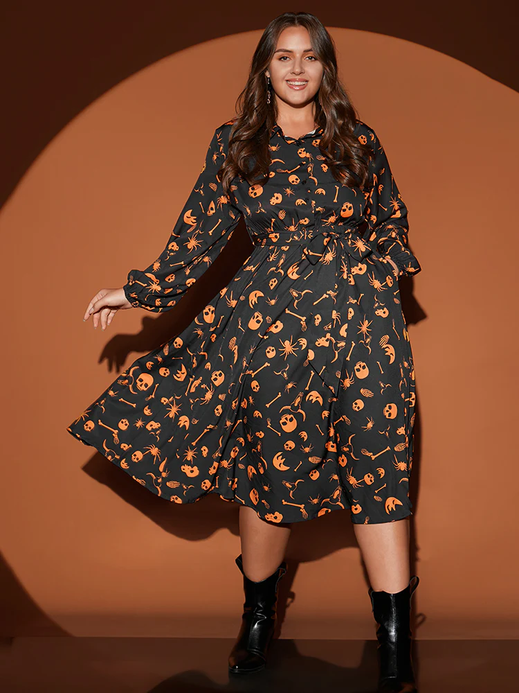 Halloween Print Shirt Collar Pocket Button Up Belted Flutter Dress - Image 5