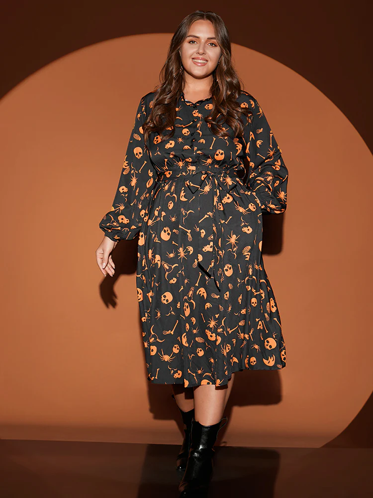 Halloween Print Shirt Collar Pocket Button Up Belted Flutter Dress - Image 6
