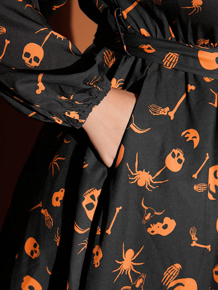 Halloween Print Shirt Collar Pocket Button Up Belted Flutter Dress - Image 7