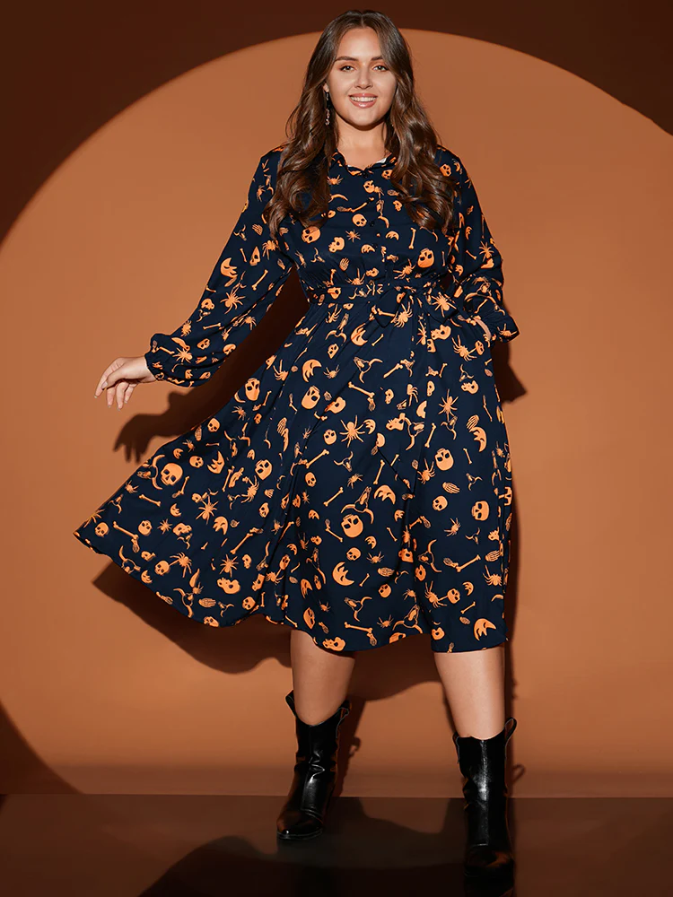 Halloween Print Shirt Collar Pocket Button Up Belted Flutter Dress - Image 8