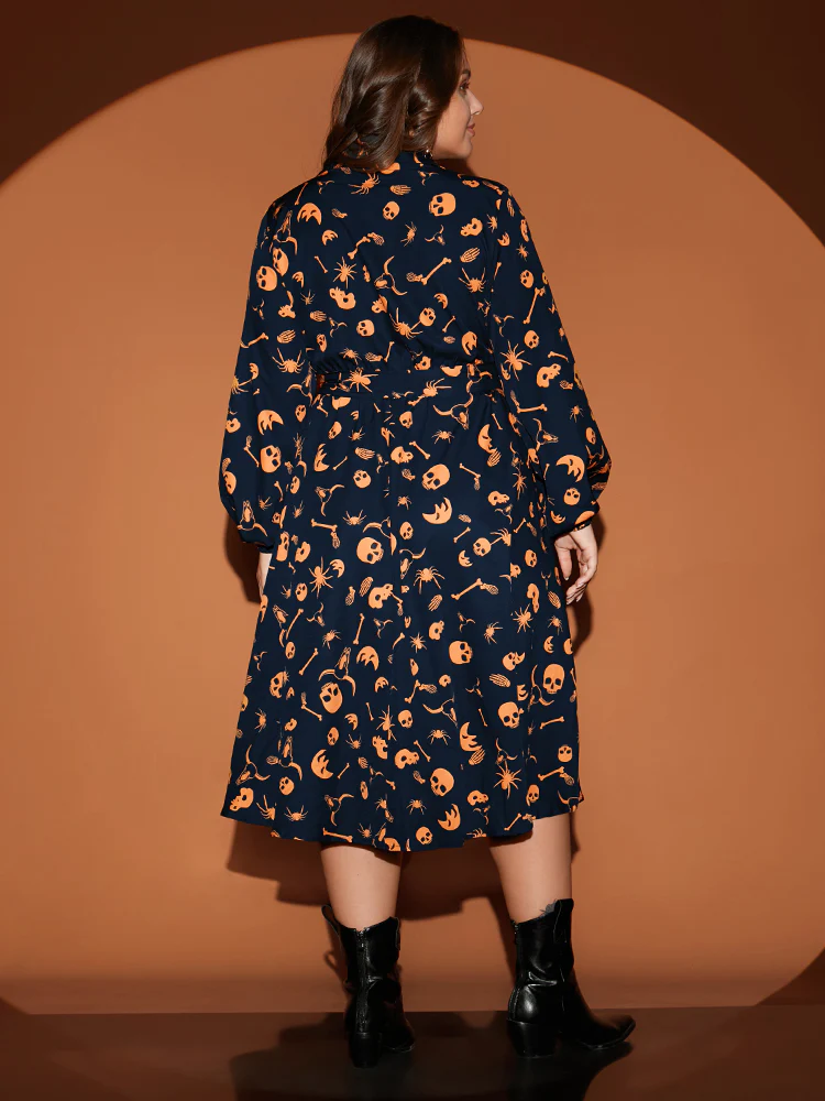 Halloween Print Shirt Collar Pocket Button Up Belted Flutter Dress - Image 9