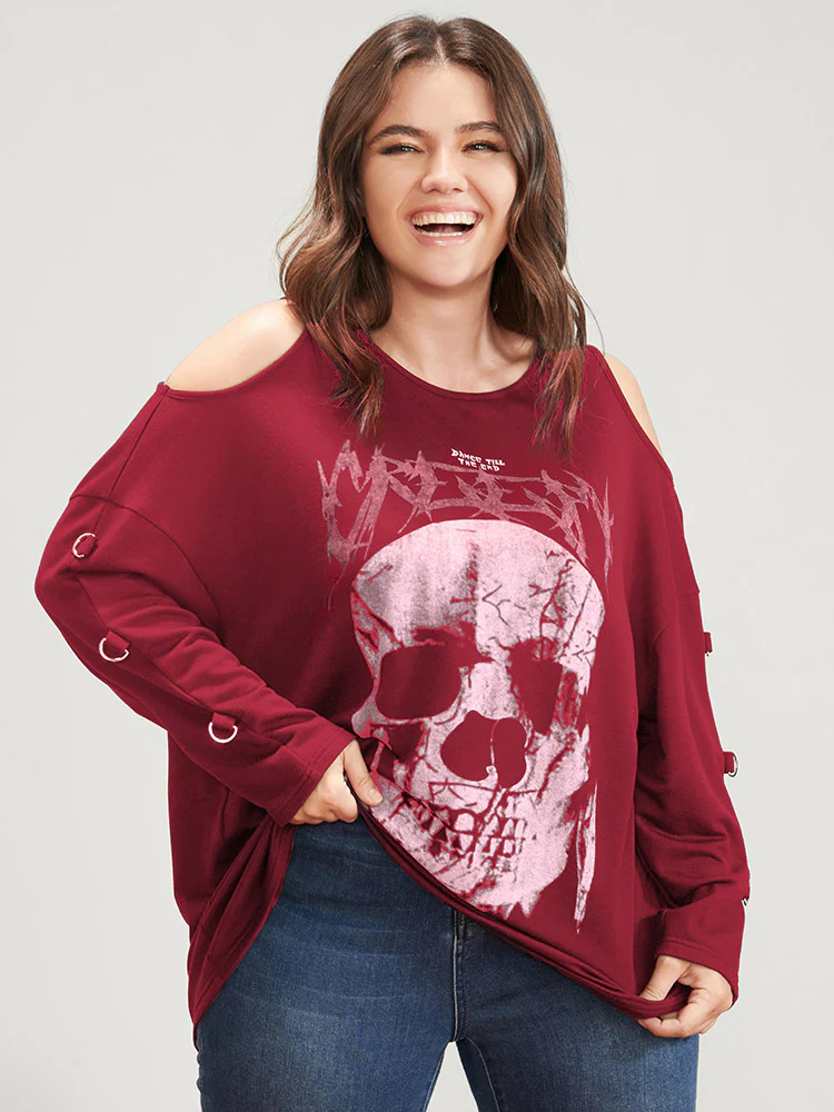 Halloween Skull Print Cold Shoulder Sweatshirt - Image 10