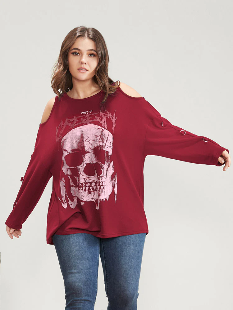Halloween Skull Print Cold Shoulder Sweatshirt - Image 11