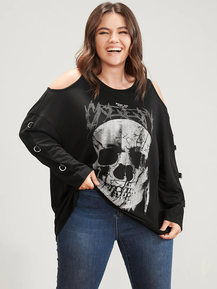 Halloween Skull Print Cold Shoulder Sweatshirt - Image 3