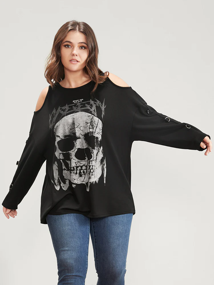 Halloween Skull Print Cold Shoulder Sweatshirt - Image 4