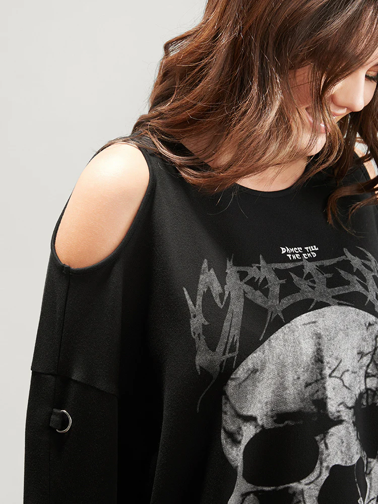 Halloween Skull Print Cold Shoulder Sweatshirt - Image 6