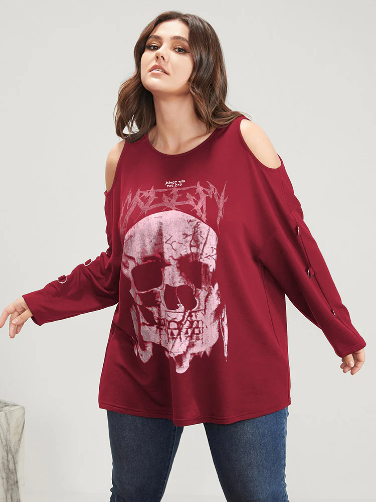 Halloween Skull Print Cold Shoulder Sweatshirt - Image 8