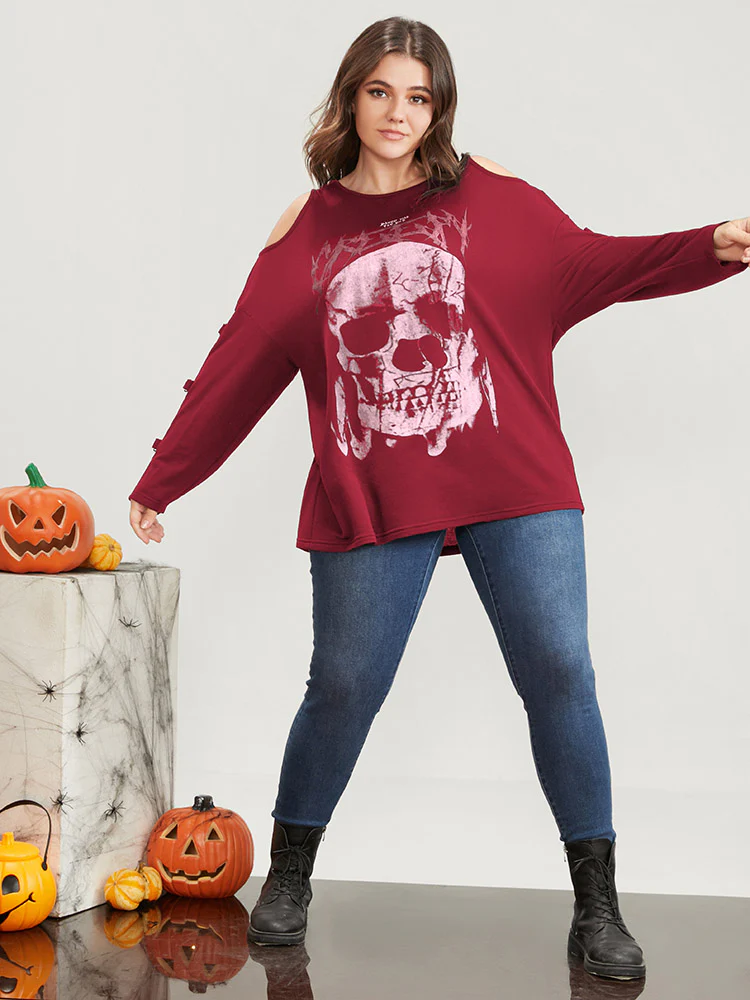 Halloween Skull Print Cold Shoulder Sweatshirt - Image 9
