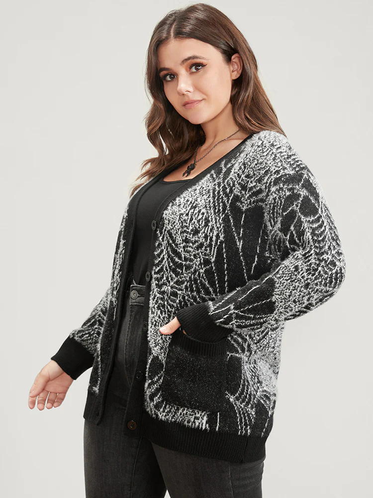Spider Web Plush Knit Pocket Button Front Cardigan - Image 3