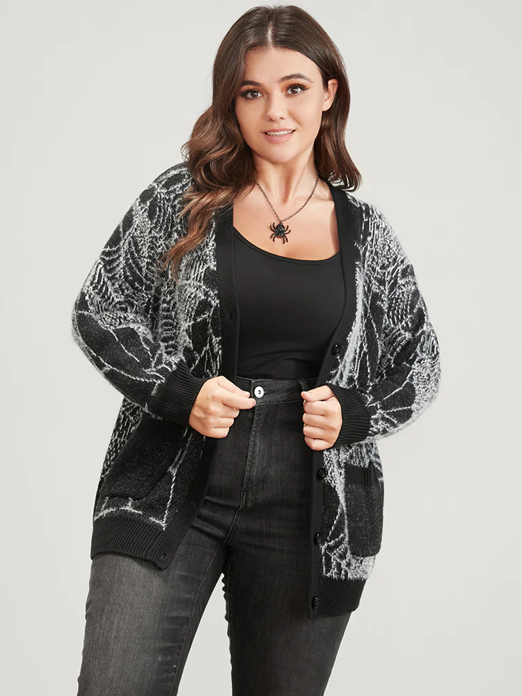 Spider Web Plush Knit Pocket Button Front Cardigan - Image 4