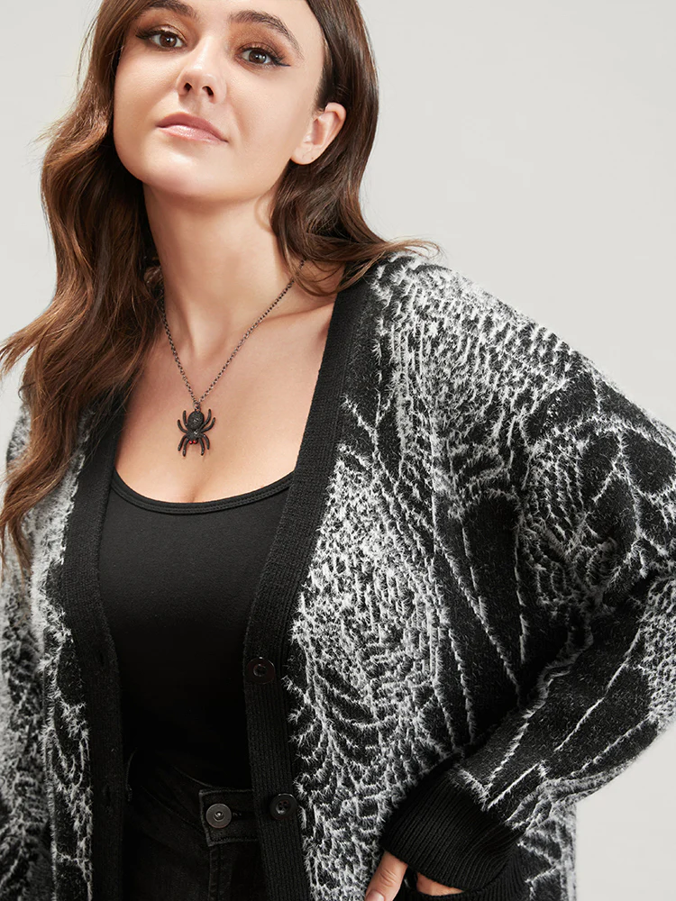 Spider Web Plush Knit Pocket Button Front Cardigan - Image 5