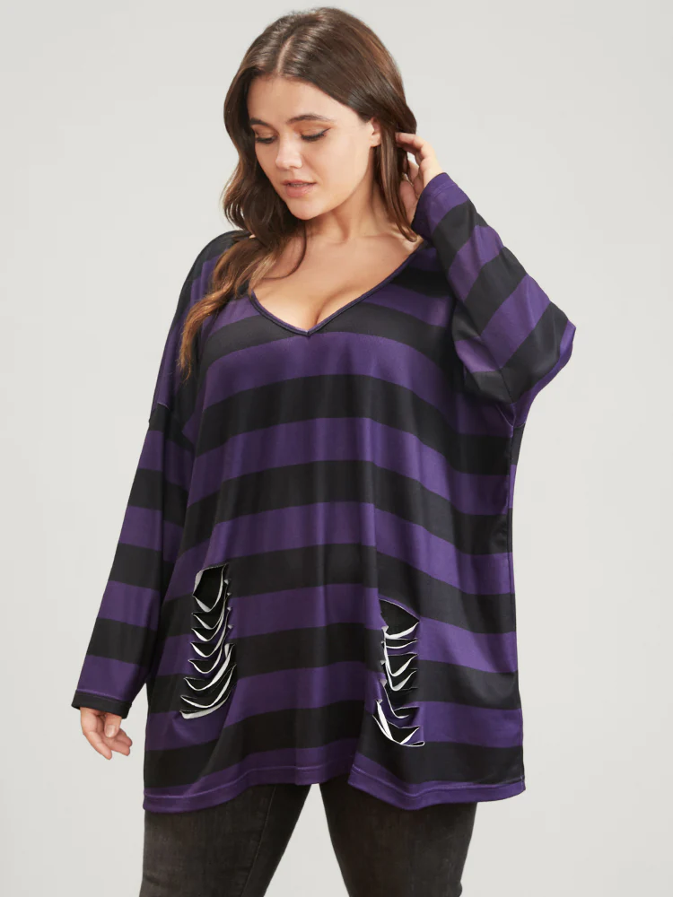 Halloween Striped V Neck Distressed Long Tee - Image 3