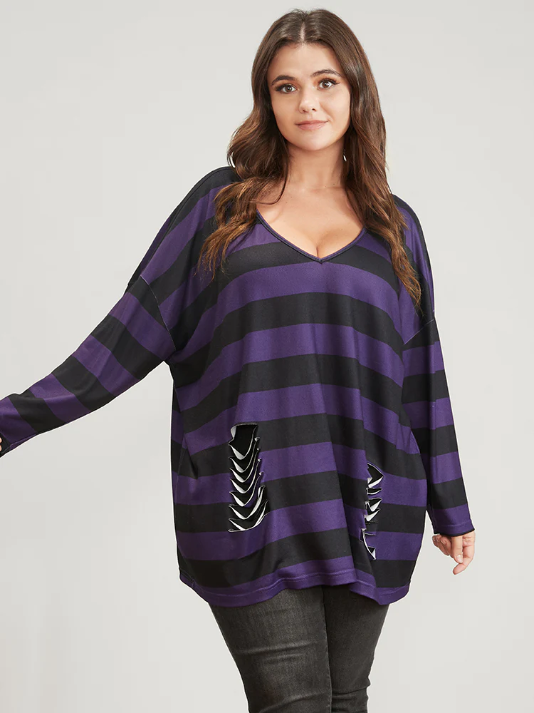 Halloween Striped V Neck Distressed Long Tee - Image 4