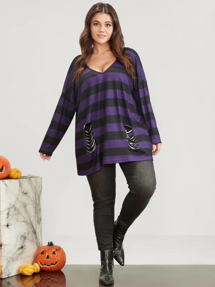 Halloween Striped V Neck Distressed Long Tee - Image 6