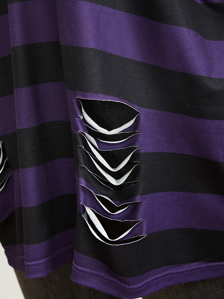 Halloween Striped V Neck Distressed Long Tee - Image 7