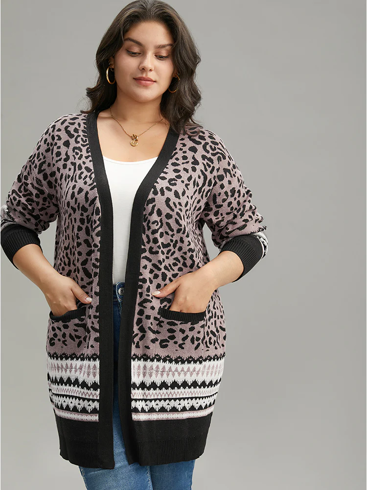 Leopard Print Pocket Contrast Trim Cardigan - Image 3