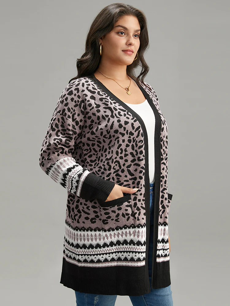 Leopard Print Pocket Contrast Trim Cardigan - Image 4
