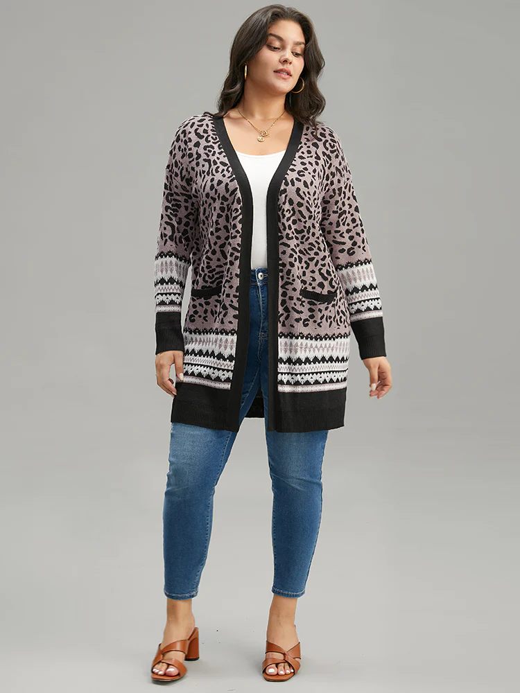 Leopard Print Pocket Contrast Trim Cardigan - Image 5