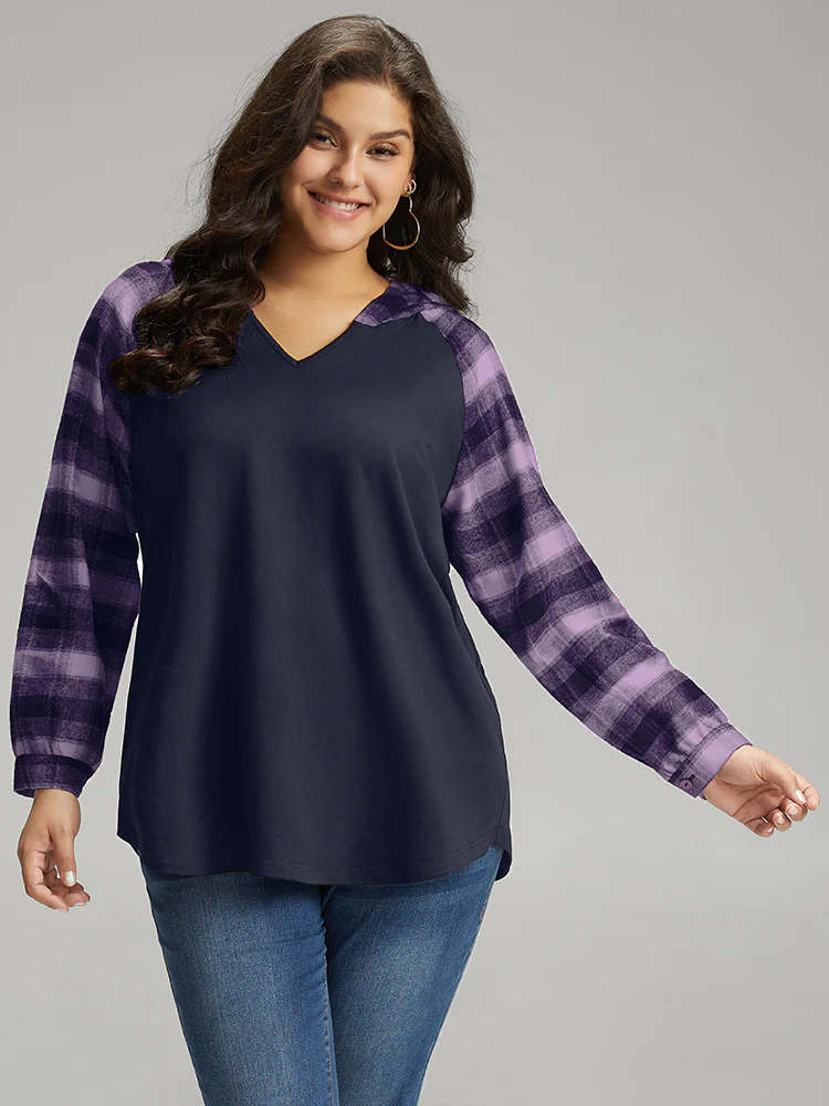 Plaid Print Hooded Patchwork Sweatshirt - Image 3