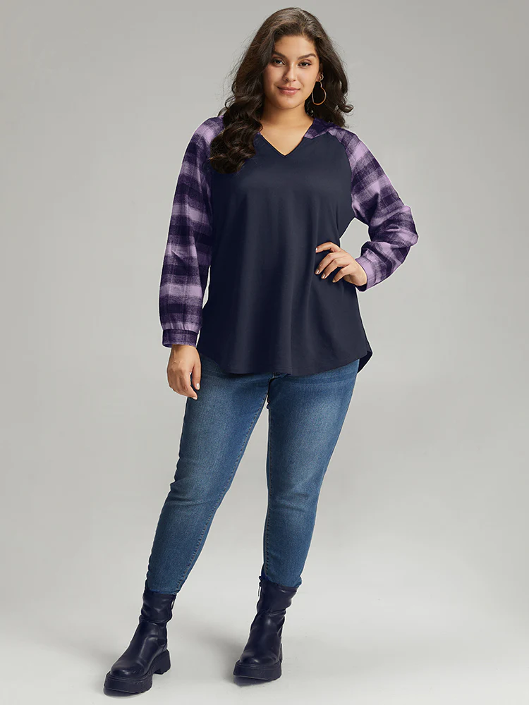 Plaid Print Hooded Patchwork Sweatshirt - Image 4