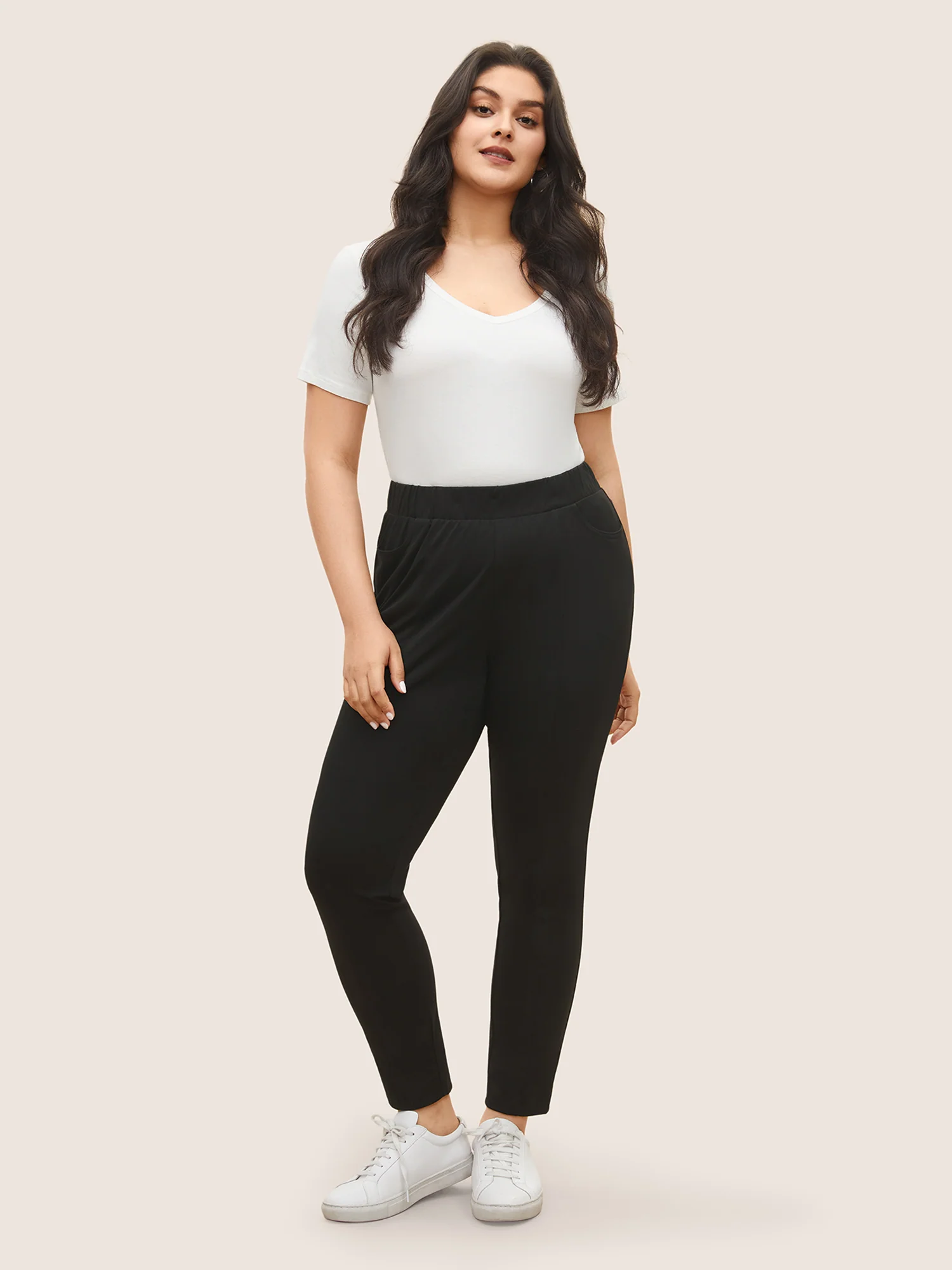 Plain Elastic Waist High Rise Slim Pants - Image 3