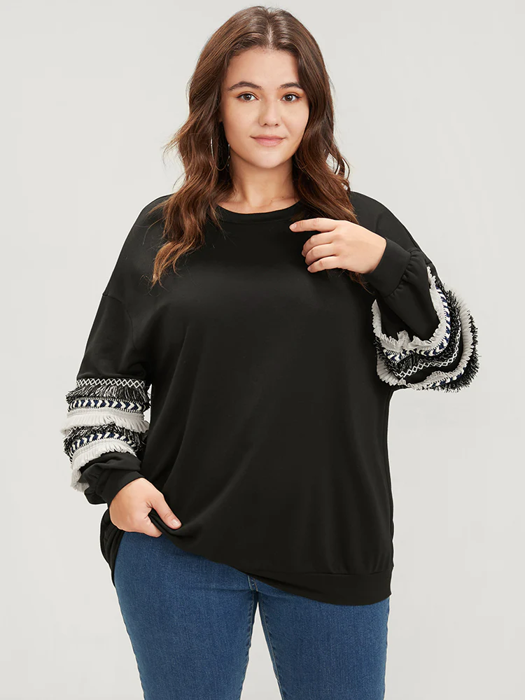 Plain Geometric Tape Fringe Trim Drop Shoulder Sweatshirt - Image 3