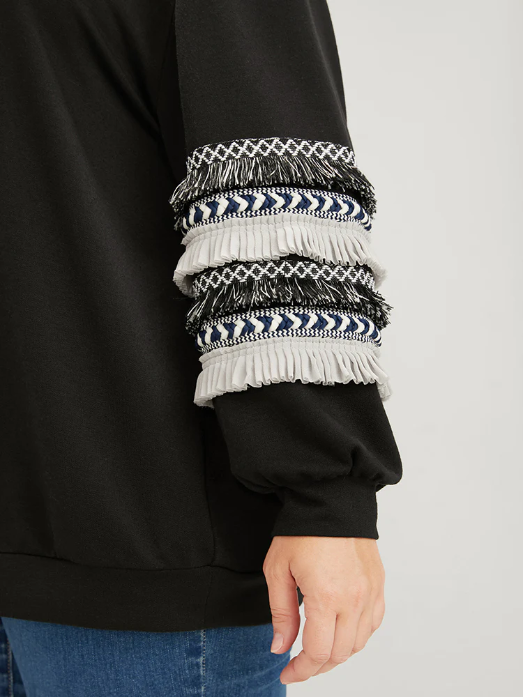 Plain Geometric Tape Fringe Trim Drop Shoulder Sweatshirt - Image 5