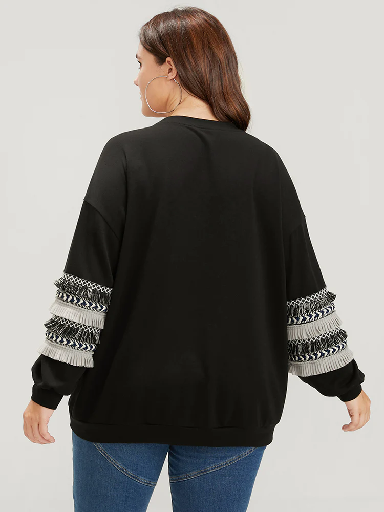 Plain Geometric Tape Fringe Trim Drop Shoulder Sweatshirt - Image 6