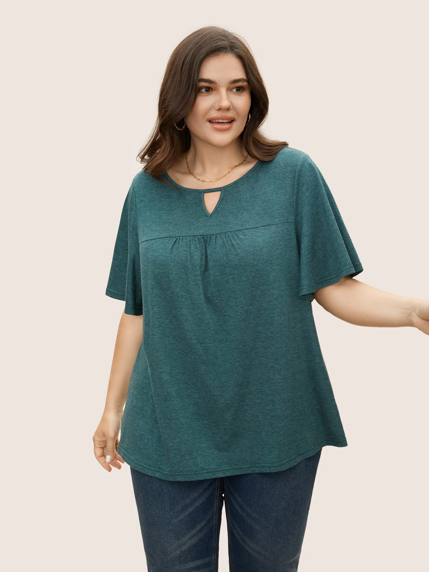 Plain Ruffle Sleeve Keyhole Gathered Crew Neck T-shirt - Image 13