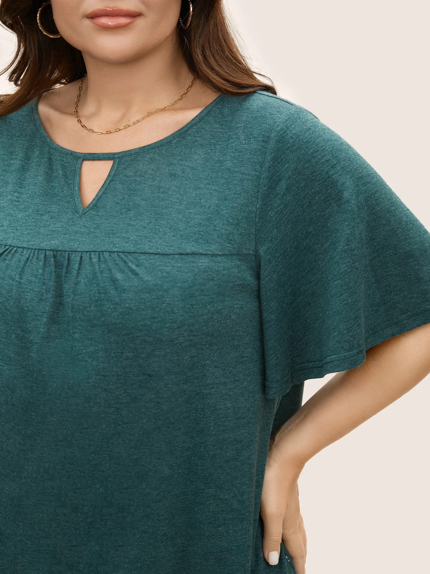 Plain Ruffle Sleeve Keyhole Gathered Crew Neck T-shirt - Image 15