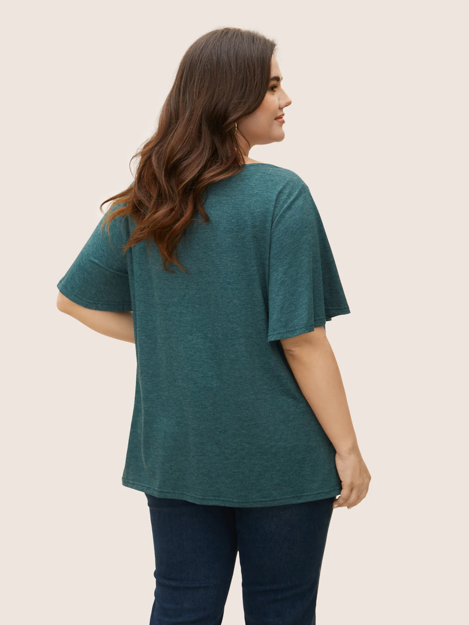 Plain Ruffle Sleeve Keyhole Gathered Crew Neck T-shirt - Image 16