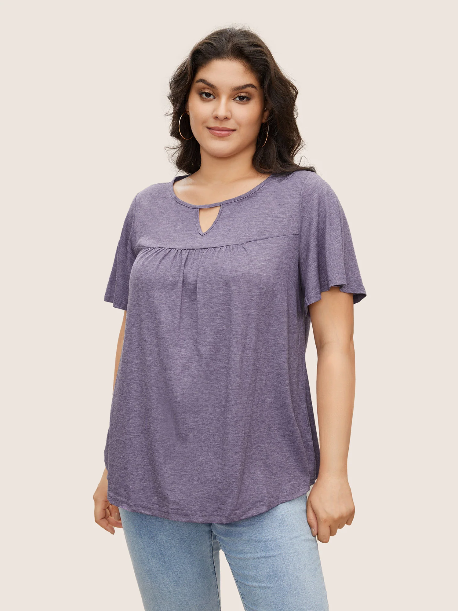Plain Ruffle Sleeve Keyhole Gathered Crew Neck T-shirt - Image 20