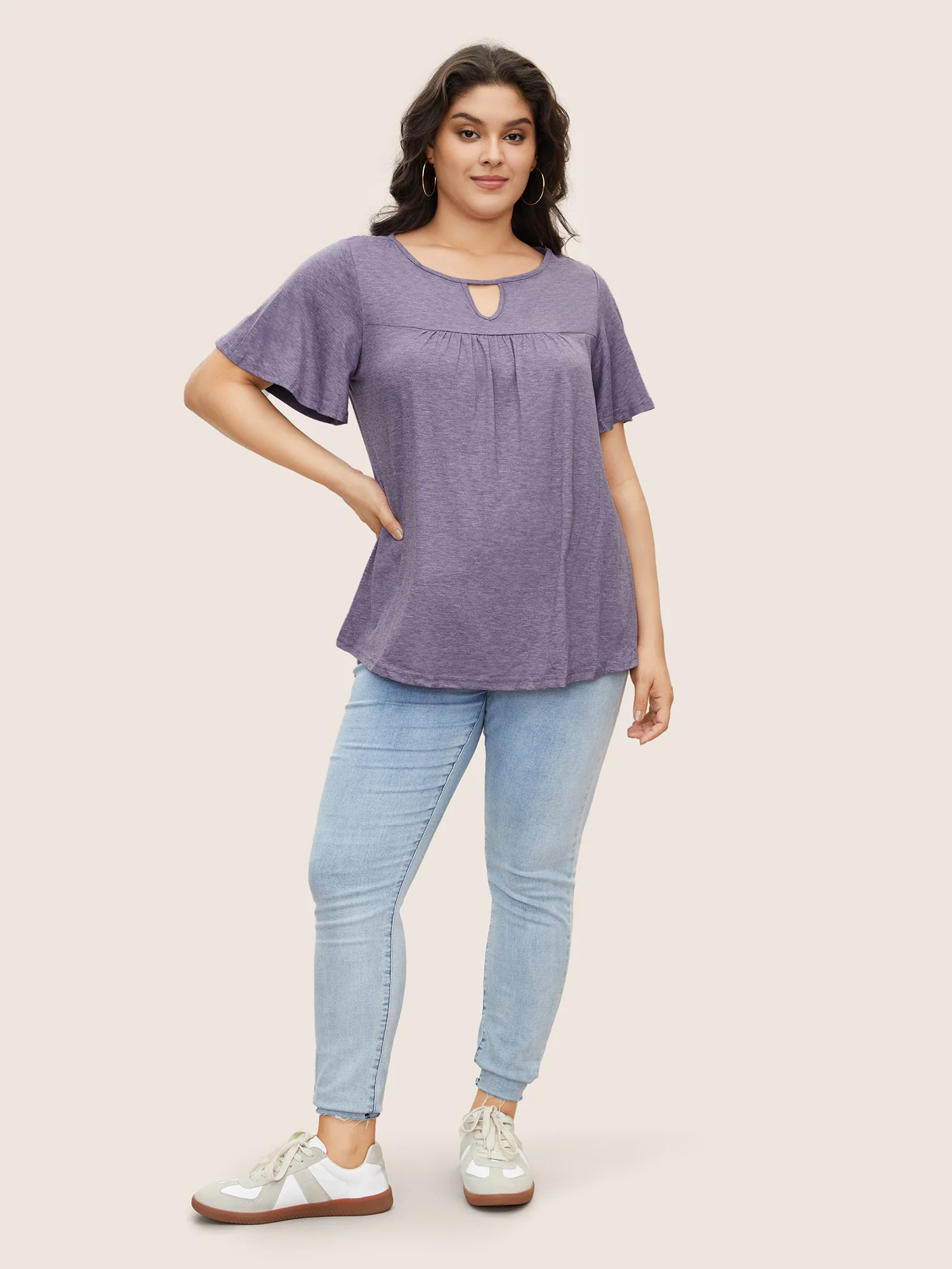 Plain Ruffle Sleeve Keyhole Gathered Crew Neck T-shirt - Image 21