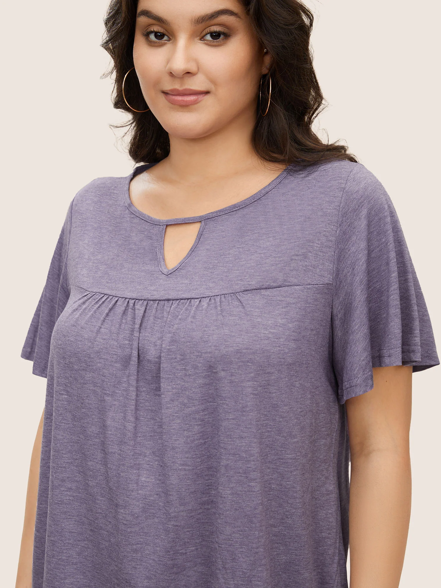 Plain Ruffle Sleeve Keyhole Gathered Crew Neck T-shirt - Image 22