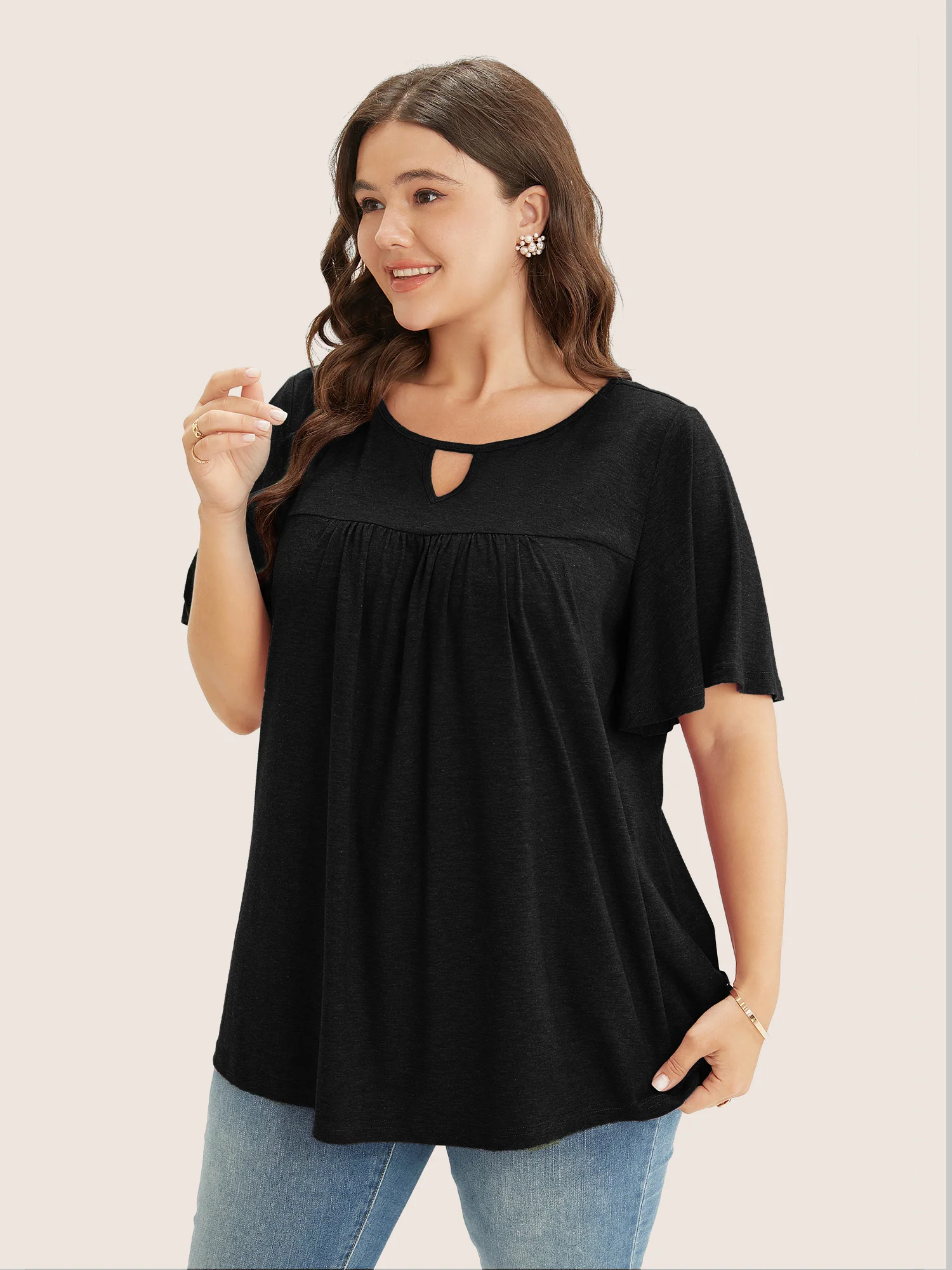 Plain Ruffle Sleeve Keyhole Gathered Crew Neck T-shirt - Image 3
