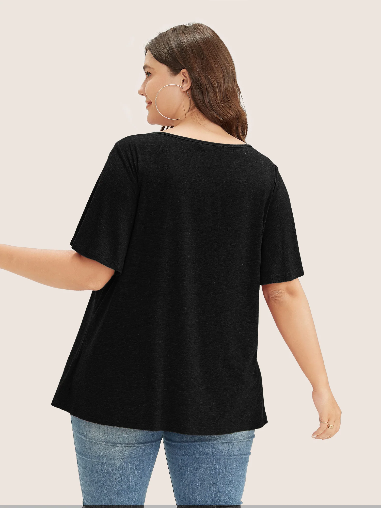 Plain Ruffle Sleeve Keyhole Gathered Crew Neck T-shirt - Image 4