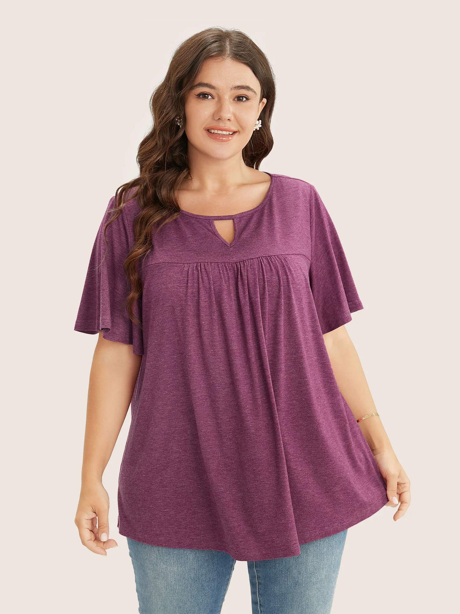 Plain Ruffle Sleeve Keyhole Gathered Crew Neck T-shirt - Image 5