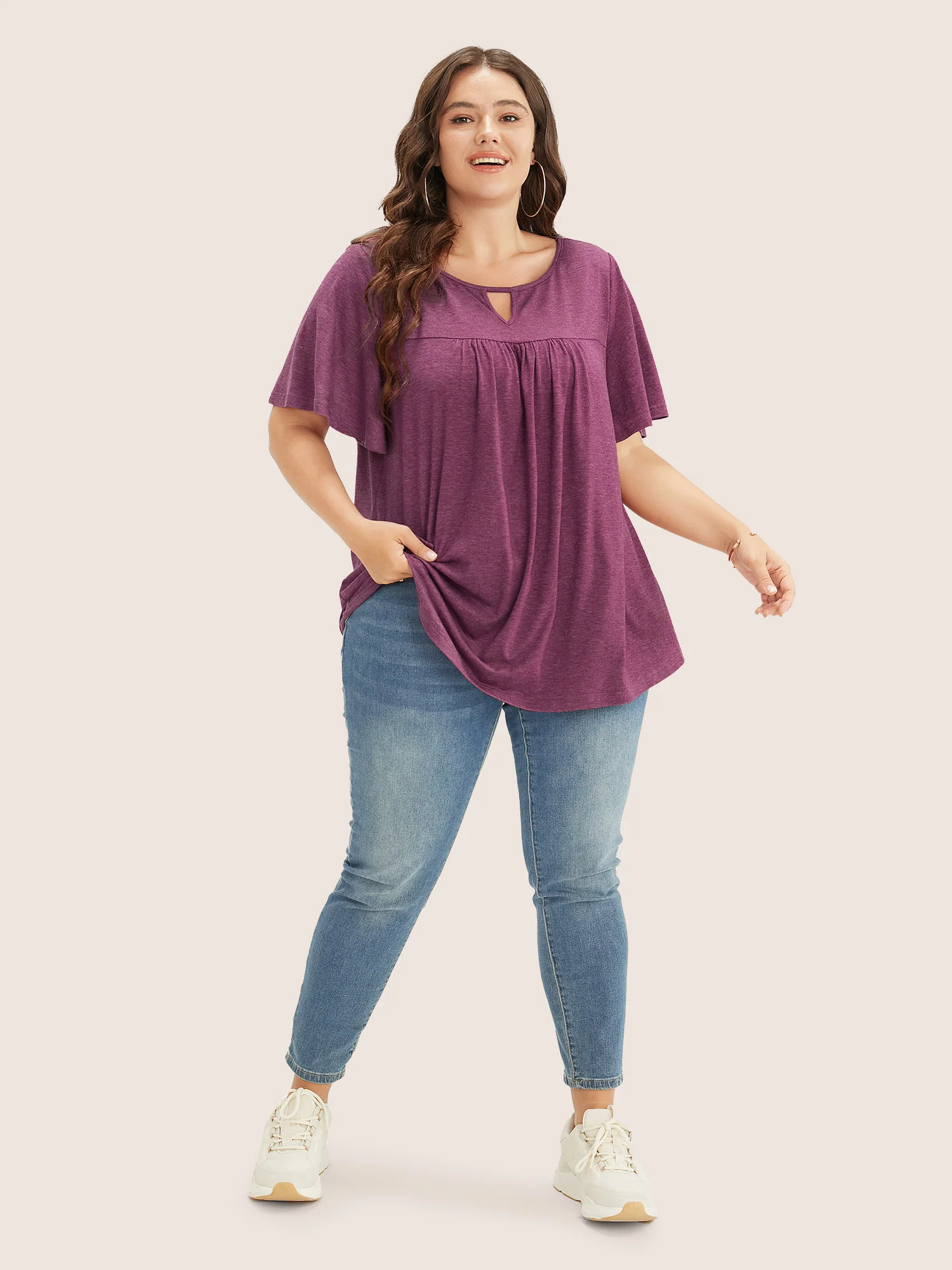 Plain Ruffle Sleeve Keyhole Gathered Crew Neck T-shirt - Image 6