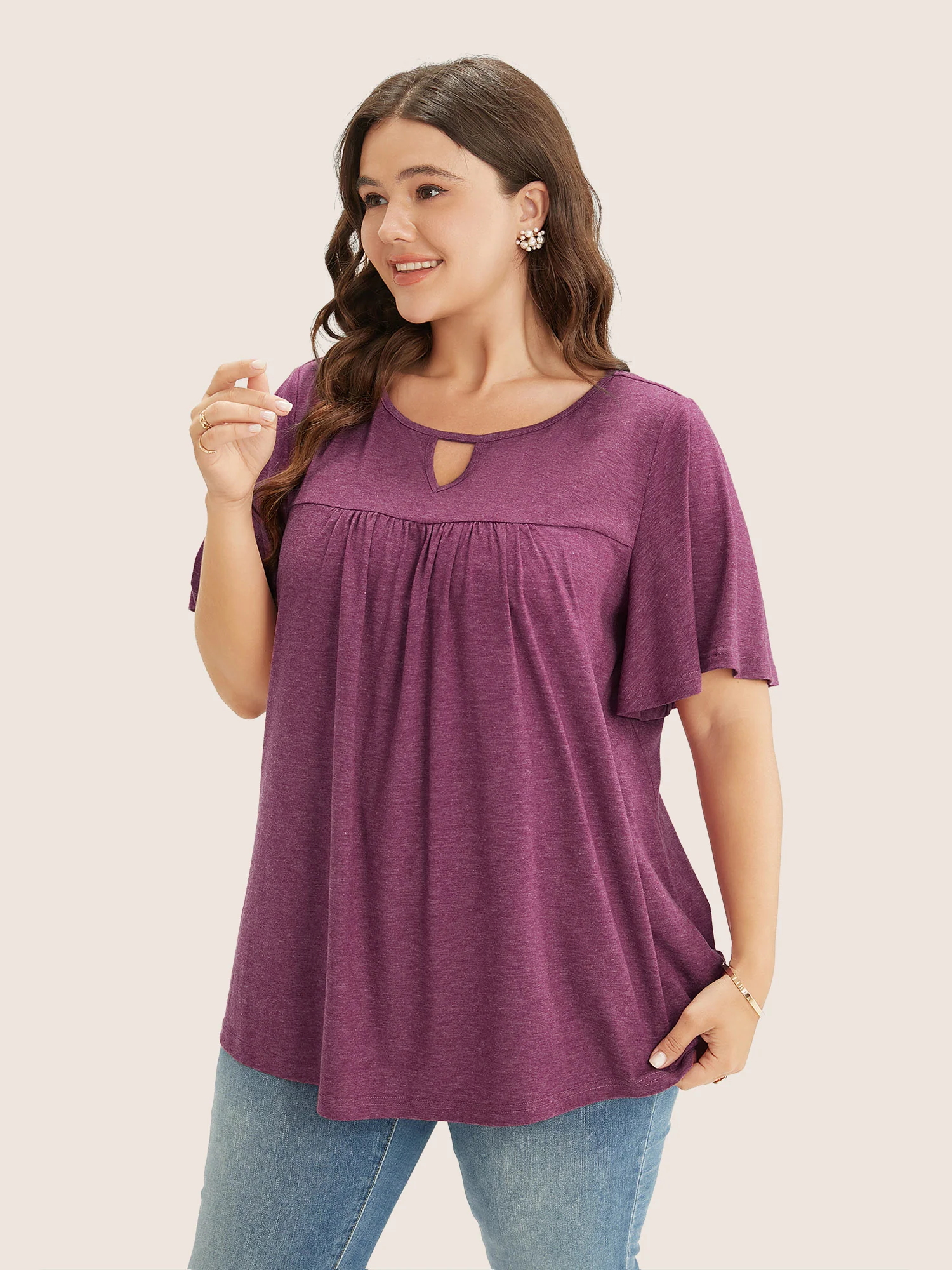 Plain Ruffle Sleeve Keyhole Gathered Crew Neck T-shirt - Image 7
