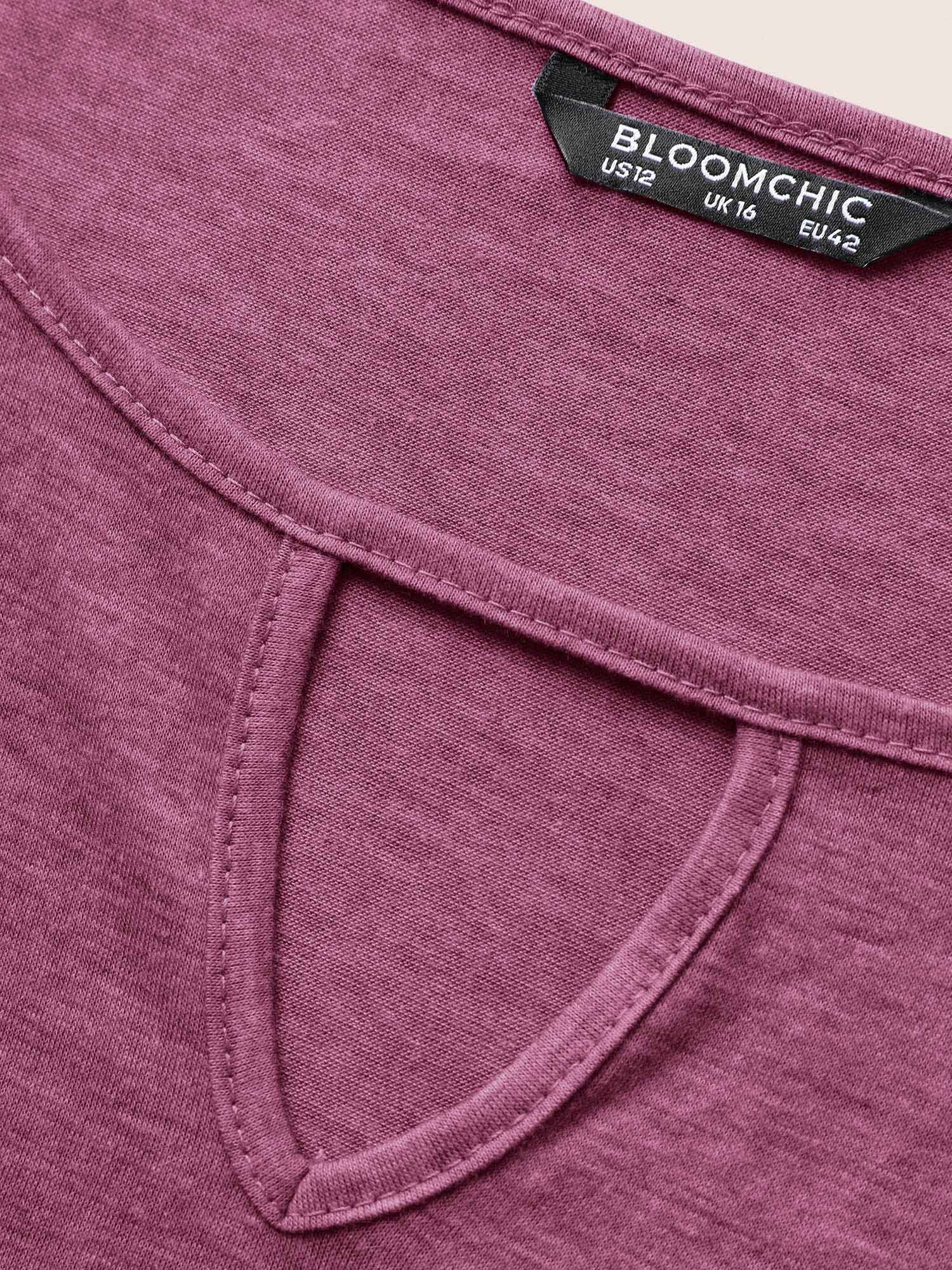 Plain Ruffle Sleeve Keyhole Gathered Crew Neck T-shirt - Image 9