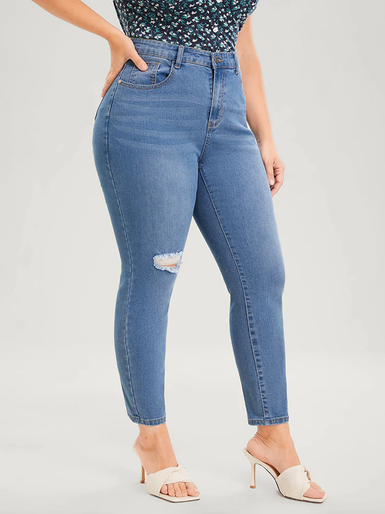 Skinny Very Stretchy High Rise Medium Wash Distressed Ankle Jeans - Image 3