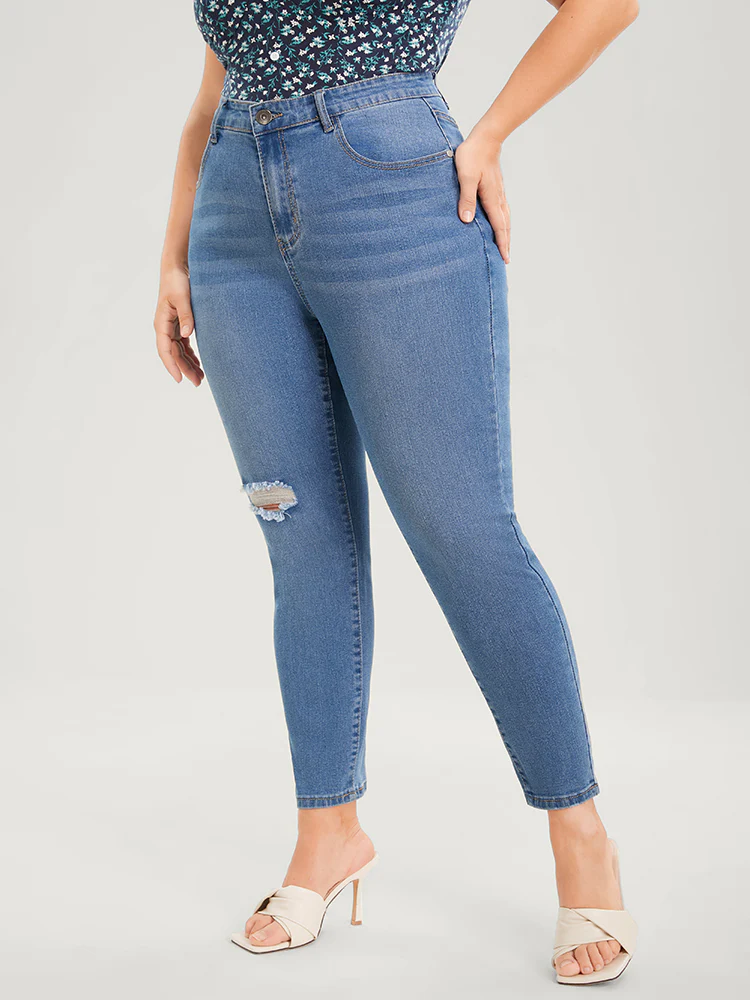 Skinny Very Stretchy High Rise Medium Wash Distressed Ankle Jeans - Image 4