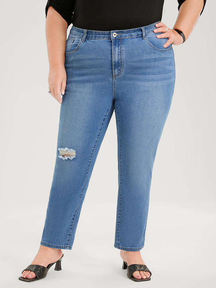 Skinny Very Stretchy High Rise Medium Wash Distressed Ankle Jeans - Image 8