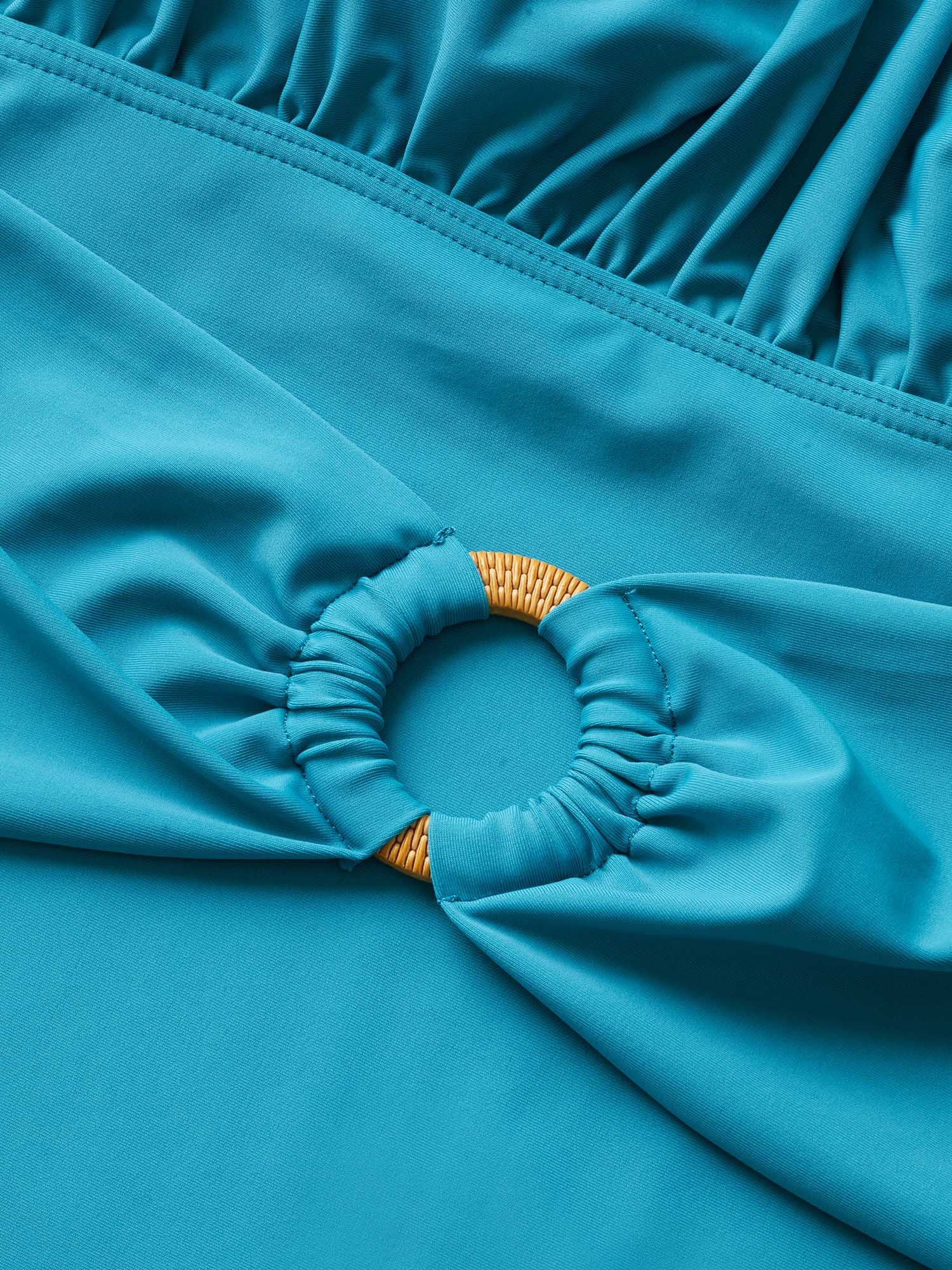 Solid Buckle Detail Gathered One Piece Swimsuit - Image 5