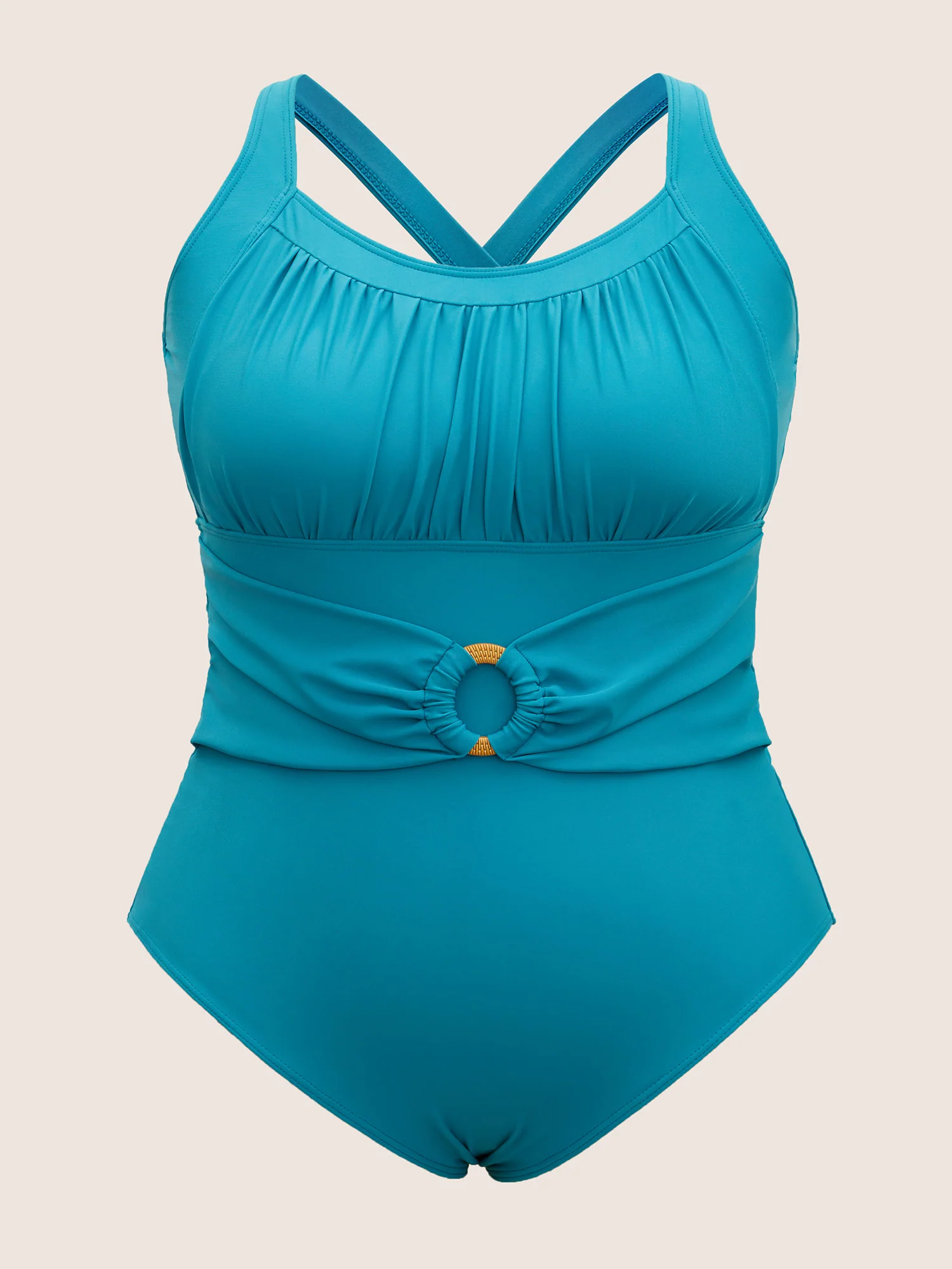 Solid Buckle Detail Gathered One Piece Swimsuit - Image 6