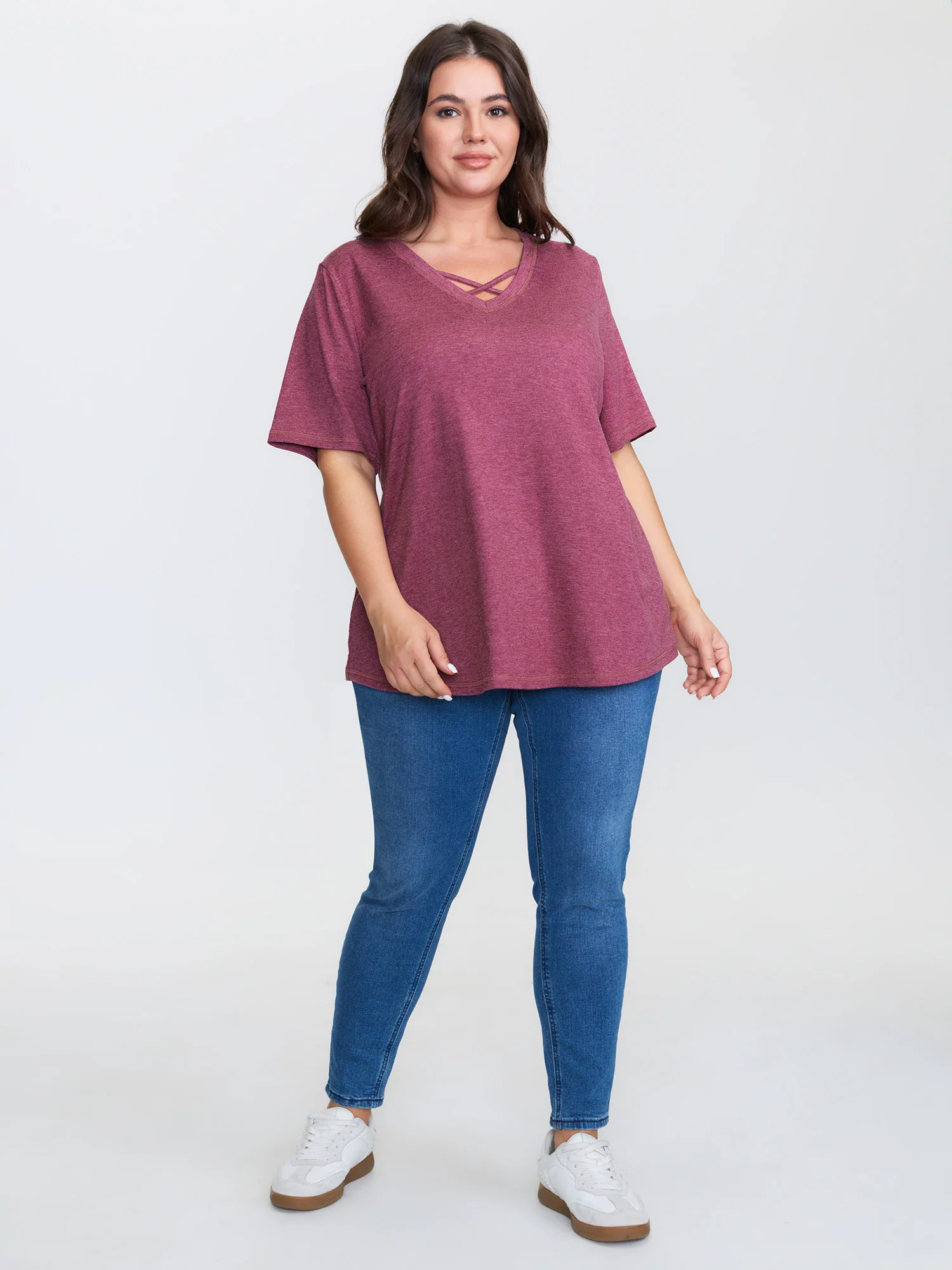 Solid Crisscross Neck Contrast Stitch T-shirt - Image 3